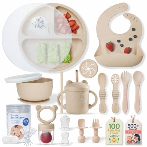 Remonda 23-Piece BPA-Free Silicone Baby Feeding Set | Extra Large Suction Plates, Toddler Bowls, Self Feeding Spoons, and More | Dishwasher Safe| Baby Led Weaning Supplies (Beige) A1