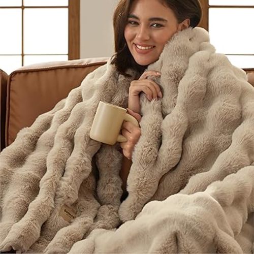Bedsure GentleSoft Fluffy Fuzzy Beige Throw Blanket for Bed, Soft Cozy Fleece Faux Fur Blanket for Couch, Beige Room Decor Coloring Bedding Sofa Cover, Thick Warm Plush Women Girls Birthday Gifts