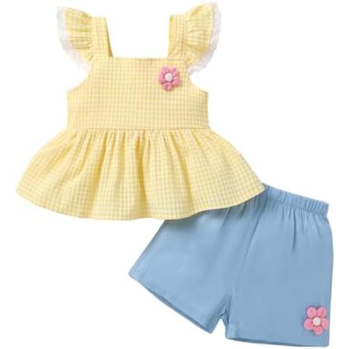 YOUNGER TREE Toddler Girl Clothes Ruffled Short-Sleeve Plaid Top and Shorts Set Baby Summer Outfits