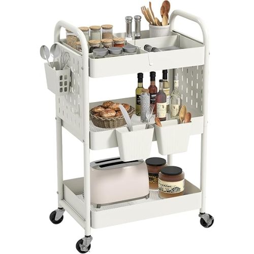 danpinera 3 Tier Rolling Cart with Retractable Dividers, Multi-Functional White Rolling Utility Cart with Pegboards, Hooks & Hanging Cups for Nursery, Living Room, Studio