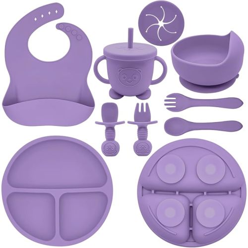 Silicone Baby Feeding Set | Baby Led Weaning Supplies Includes Suction Bowls and Divided Plates, Adjustable Bib, Baby Utensils Spoons and Forks,Cup | Baby Feeding Essentials (Purple)