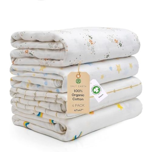 47"x 47" GOTS 100% Organic Cotton Swaddle Blanket 4 Pack (Star/Rainbow)