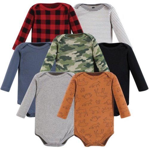 Hudson Baby Infant Boy Cotton Long-Sleeve Bodysuits, Into The Woods Prints 7-Pack, 0-3 Months