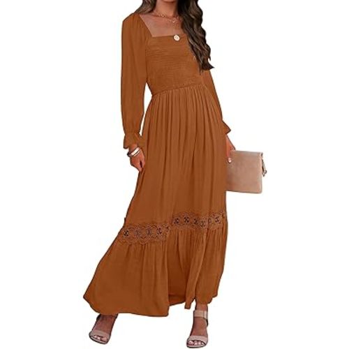 ZESICA Women's 2025 Boho Long Sleeve Square Neck Smocked High Waist Flowy A Line Lace Trim Maxi Dress