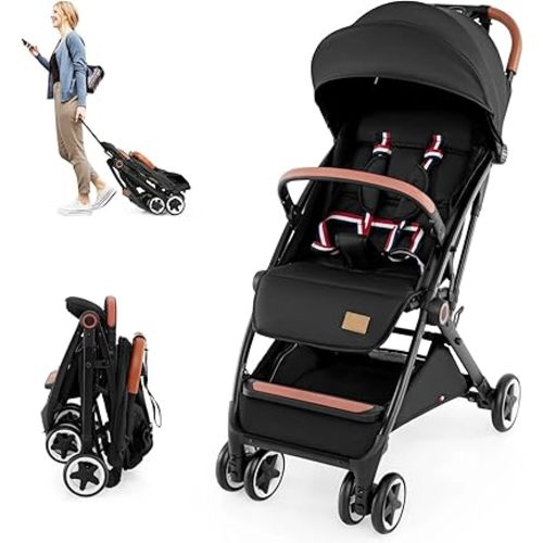 HONEY JOY Travel Stroller, One-Hand Quick Fold Lightweight Umbrella Stroller for Airplane, Wrist Wrap & Net, Multi-Position Recline, Overhead Friendly Compact Stroller for Newborn and Toddler(Black)