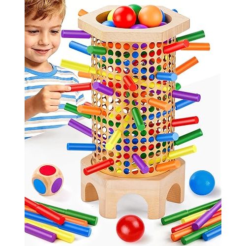 Montessori Board Game for Ages 3-8, Family Game for Kids and Adults, Fine Motor Skills Toy for Kids 4-6, Safety Colorful Wooden Sticks Learning Toy, Gift for Girls & Boys, Quick Setup for 1-6 Players