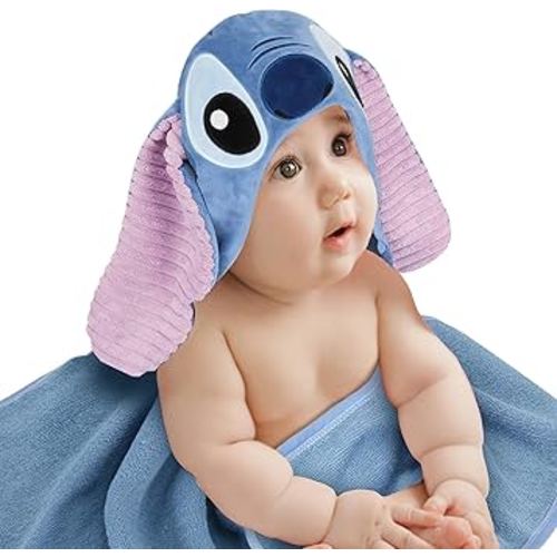 Lambs & Ivy Disney Stitch Luxury Blue Cotton Terry Hooded Baby Bath Towel