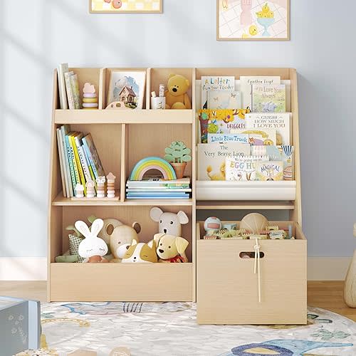 4 in 1 Kids Bookshelf and Toy Storage Organizer, 3-Tier Toy Organizers with Removable Toy Bins, Book Shelf for Kids Room, Toddler Sling Bookshelf with Storage Cubbies, Toy Shelf for Nursery, Playroom
