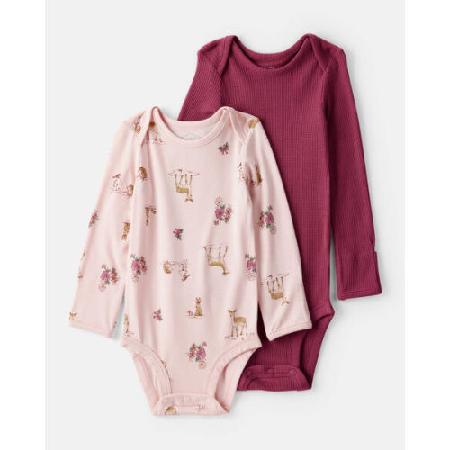 Baby Girl 2-Pack Deer & Floral Print PurelySoft Long-Sleeve Multipack Bodysuits - Burgundy/Pink | Carter's