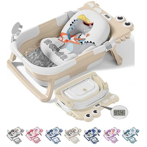 TPN Collapsible Baby Bathtub, Baby Bath Tub with Soft Cushion & Real-Time Thermometer, Baby Bathtub Infant to Toddler Tub (0-36 Months), Portable Newborn Travel Bath Tub