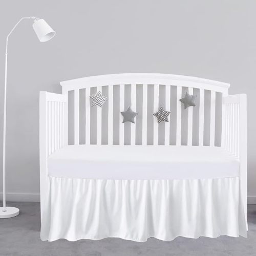 SKY BEDDINGS White Crib Bed Skirt 14" Drop, Fits 28" x 52", Dust Ruffle | 4-Sided Design with Split Coners, Soft Nursery Standard Crib Toddler Bedding Skirt for Baby Boys or Girls