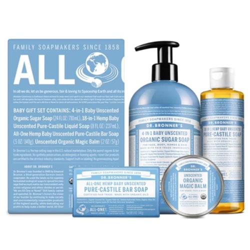 Dr. Bronner's Baby Unscented Gift Set - Pure-Castile Liquid and Bar Soaps, Organic Magic Balm, and 4-in-1 Organic Sugar Pump Soap