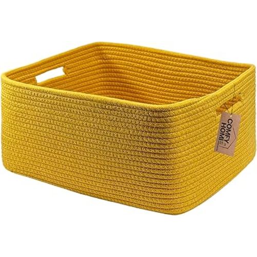 COMFY-HOMI Cotton Rope Woven Basket with Handles for Shelves,Toys,Book, Cloth Storage Baskets for Organizing-17" x 13" x 7.5" Toy Decorative Organizer for Living Room, Bathroom （Yellow）