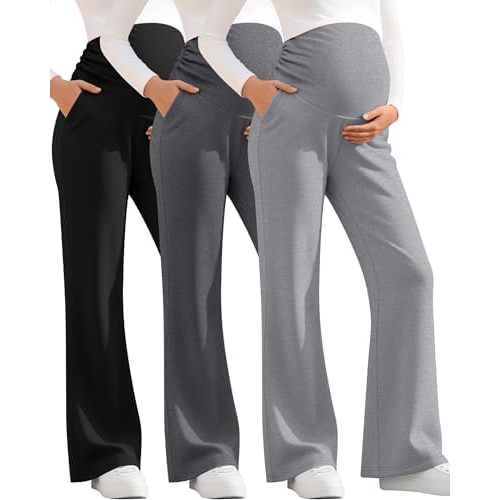 3 Pack Women's Maternity Pants Over The Belly Pregnancy Pants Comfy Bootcut Pregnant Sweatpants with Pockets