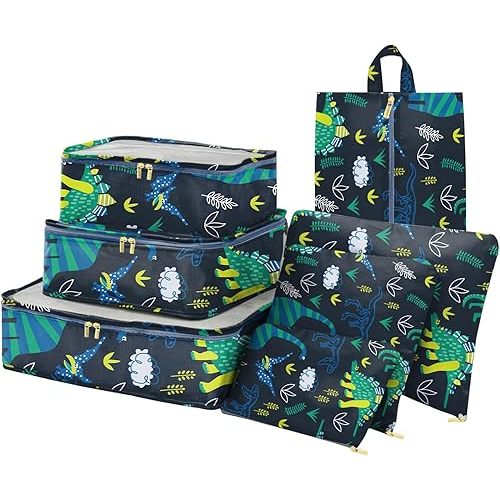 Packing Cubes for Kids 7 Set Travel Luggage Organizers for Suitcase Travel Accessories with Shoe Bag for Women Girls Cute Aesthetic Art-Green Dinosaur