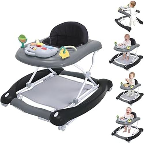 5 in 1 Foldable Baby Walker,Activity Baby Walker-Baby Bouncer,Rocker,Activity Center,Seat and Push Walker,Detachable Footrest Mat,Adjustable Speed Rear Wheels and Height,Ages 6-18 Months (Black)