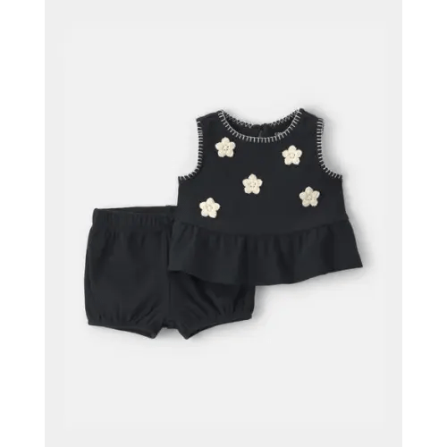 Baby Girl 2-Piece Floral Embroidered Top & Short Set - Black | Carter's