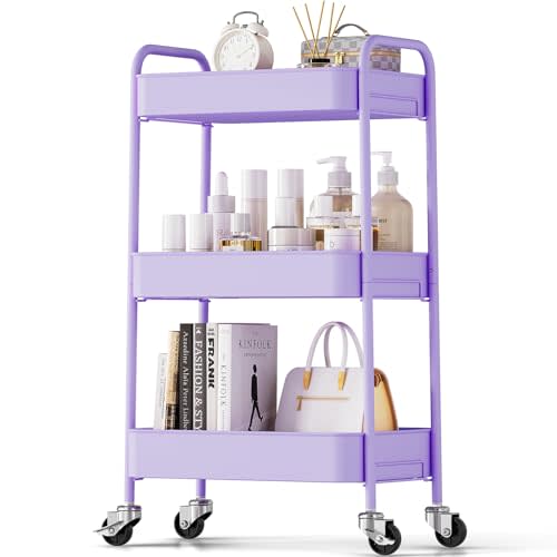 TOOLF 3-Tier Metal Rolling Cart with Wheels, Storage Utility Organizer Cart for Kitchen, Bathroom, Office, Baby Essentials & Makeup - Lockable Casters, Easy Assembly, Large Capacity, Purple