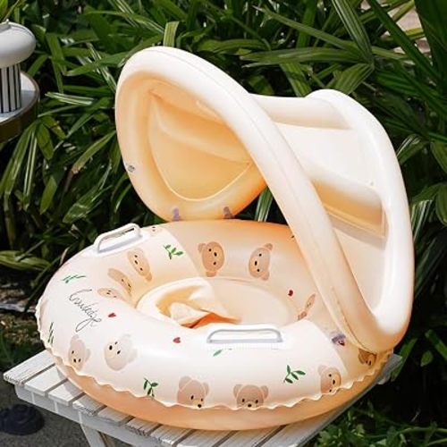Baby Swimming Ring Inflatables with Detachable Canopy Sun Protection, Stripy Cartoon Float Seat with Handles for Boys Girls 40 lbs