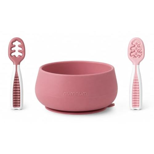 NumNum Baby Bowl & 2 Pack GOOtensils Baby Spoons, Suction Bowls for Baby 4+ Months, Extra Strong Non-Slip Suction, 100% Food-Grade Silicone, BPA-Free, Microwave & Dishwasher Safe (Mauve)