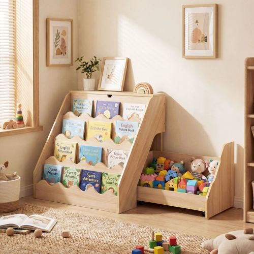 Costway Kids’ Bookshelf & Toy Storage Organizer with Rolling Drawer Cart, 4 Tier Book Shelf Natural