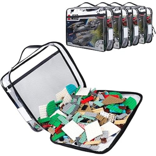 4 Pack Toy Storage Organizer Bag for Lego Bricks, Clear PVC Zippered Block Set with Manual Pocket& Name Tag, Waterproof Toy Carrying Case for Board Game, Building Blocks& Puzzles (Large, Black)