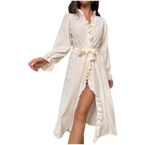 OYOANGLE Women's Ruffle Trim Textured Bathrobe Sheer Mesh Midi Shower Robe Long Sleeve Belted Dressing Gown