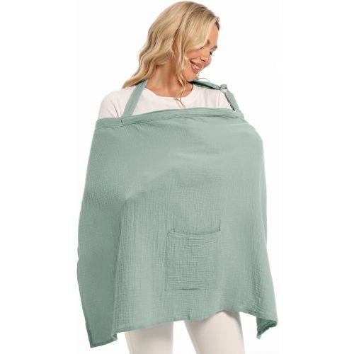 Wimst Muslin Nursing Cover Breastfeeding for Women, Soft and Breathable Breastfeeding Cover with Rigid Hoop for Nursing Apron (Sage)