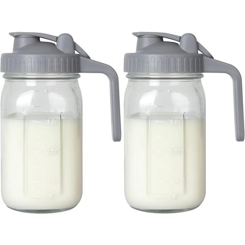 32 oz Breast Milk Pitcher, Glass Mason Jar Pitcher with Lid | Airtight, Leak Proof, Wide Mouth, Pour Spout Lid, Thick Glass, Fridge Safe, Ergonomic Handle, Easy to Clean