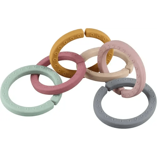Baby Linkable Rings Set and Silicone Baby Teethers - Attach to Strollers, Car Seats & More - Food Grade Silicone, BPA & Phthalate Free (Set of 6)