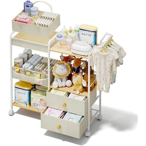 BBLIKE Diaper Caddy Organizer with Hanging Rack - 3 Tier Rolling Baby Storage Cart with Drawers and Side Pockets for Newborn Diaper Organization for Nursery, Crib, Bedroom, Changing Table, Beige