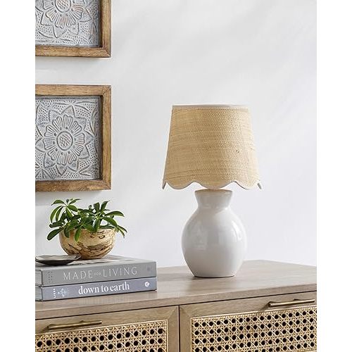 Liliac Boho Ceramic and Jute Bedside Table Lamp for Bedroom Nightstand - End Side Lighting for Living Room - Shade Rattan - White, Beige - 15" H