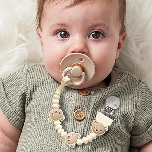 Itzy Ritzy Silicone Pacifier Clip; 100% Food Grade Silicone Pacifier Strap with Clip Keeps Pacifiers, Teethers & Small Toys in Place; Features One-Piece Design, Bear Character & Silicone Cord (Bear)