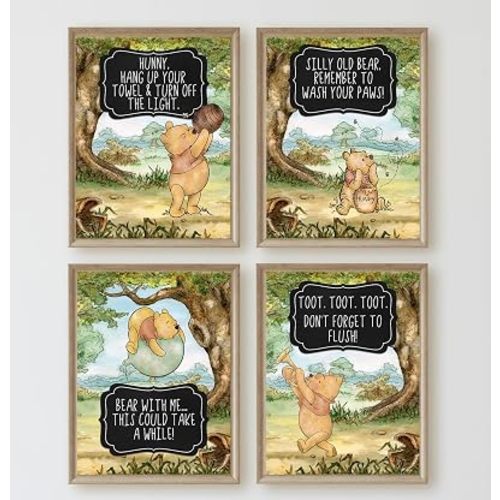 Silly Old Bear Remember To Wash Your Hands Pooh Bathroom Character Themed Wall Art Decor Prints Bath Reminder Poster Signs (Brown)