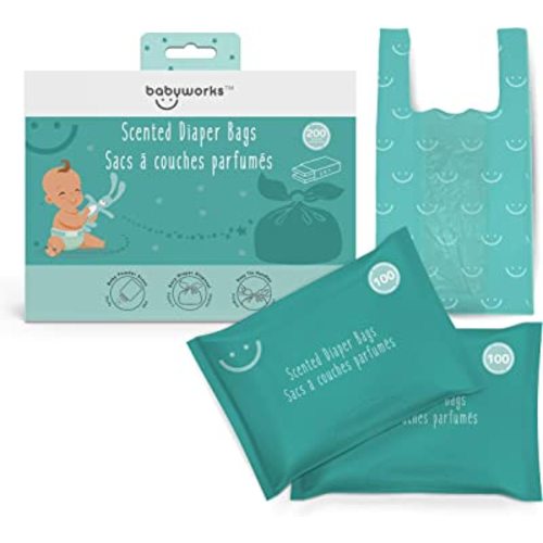 Baby Works - Disposable Diaper Bags with Baby Powder Scent, Odor Neutralizing, Easy Tie Handles, for Diaper Disposal, Pet Waste, Travel, Nursery and On-the-Go, 200 Count