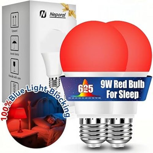 Neporal 625nm 9W Red Light Bulbs for Sleep, 100% Blue Light Blocking Light Bulbs for Melatonin Promoting, A19 LED 60W Equivalent Dim Red Night Light Bulb for Baby Nursery, Sleeping, Reading, 2-Pack