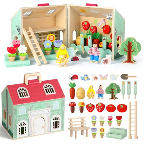 SIMPLIPLAY Montessori Wooden Garden Toys, Vegetable Matching Toy, Toy Food | 45pcs Wooden Dollhouse Kit, Educational Farm Pretend Play & Play Food Sorting for Kids Boys Girls Birthday Christmas