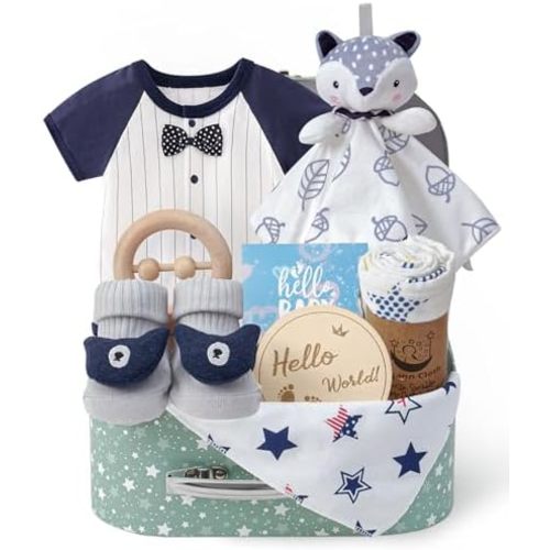 Golray Baby Boy Gifts for Baby Shower, 9pcs Newborn Essential with Fox Lovey/Blanket/Onesie/Wooden Rattle/Socks/Bib/Suitcase, Welcome Baby Gift Box Gender Reveal Infant Boy Gift Basket Set 0-6 Month