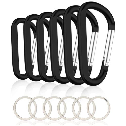 6PCS Black Carabiner Caribeaner Clip,3" Large Aluminum D Ring Shape Carabeaner with 6PCS Keyring Keychain Hook…