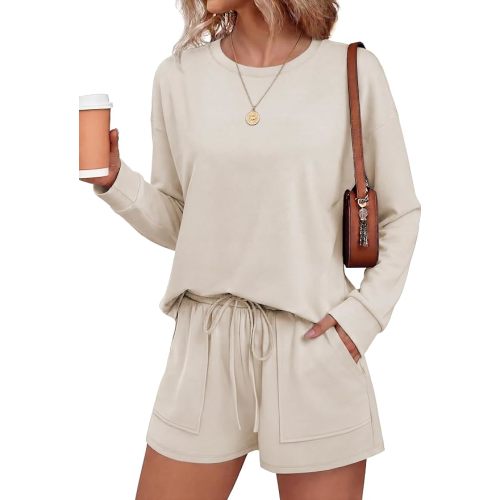 Ekouaer Women's Lounge Sets Pajamas 2026 Fall Long Sleeve Top&Shorts XS-XXL | Matching 2 Piece Sets,Fall outfits,Loungewear for Travel,Vacation,Airport,Home,Daily Wear,Shorts with Pockets