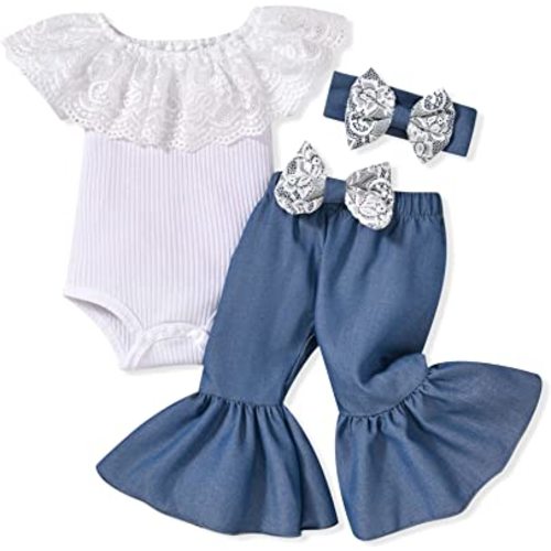 HINTINA Newborn Baby Girl Short Sleeve Bodysuit Flared Pants Ribbed Outfits