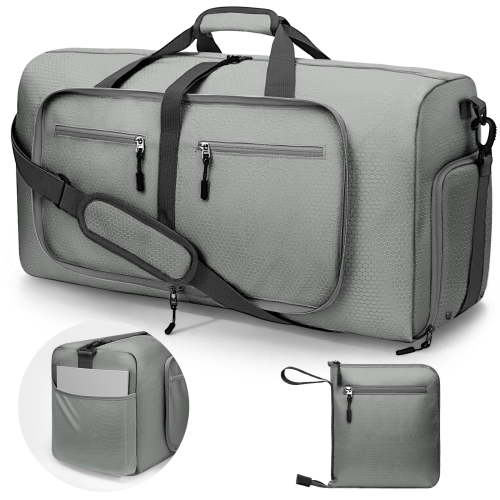 DAKOMM 65L Travel Duffle Bag with Shoes Compartment, Weekender Overnight Bag for Women Men, Foldable Travel Duffel Bag Sports Tote Gym Bag Hospital Mom Tote Bag for Labor and Delivery Gray