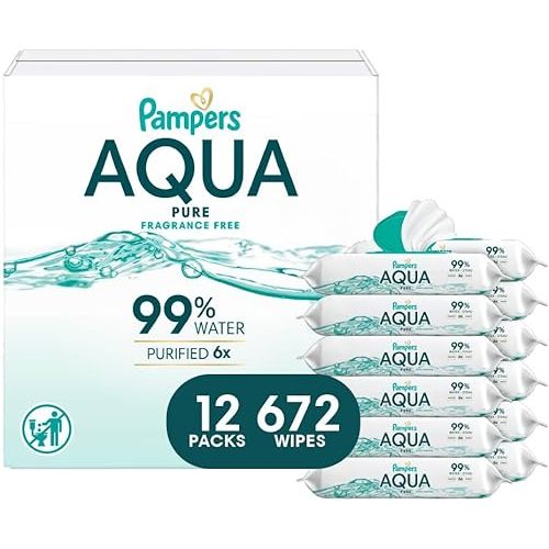 Pampers Baby Wipes Aqua Pure, 99% water-based wipes, Hypoallergenic and Unscented Baby Wipes, 672 Wipes Total (12 Flip-Top Packs)