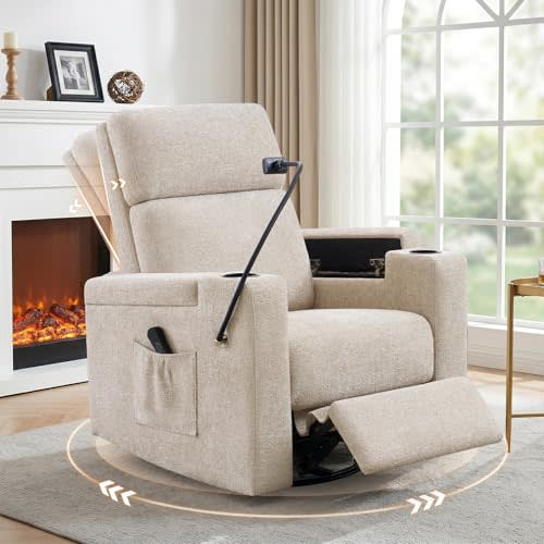 ABCASA Power Recliner Rocking Chair Nursery Glider, Swivel Reclining Nursery Rockers for Baby Room & Living Room, Chenille Chair with Phone Holder, USB/Type-C Ports, Arm Storage, Light Brown