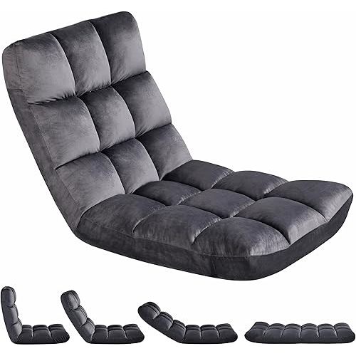 Yaheetech Floor Folding Chair with Back Support, Padded Folding Gaming Sofa Chair with 14 Adjustable Backrest, Adults Couch Recliner, Floor Seating Lounge Chair, Armless Meditation Chair, Gray