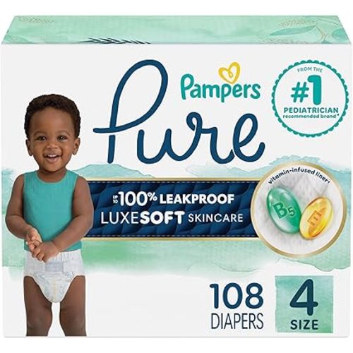 Pampers Pure Baby Diapers, Size 4 (22-37 lbs), 150, Up to 100% Leakproof, Premium Hypoallergenic Soft Diapers
