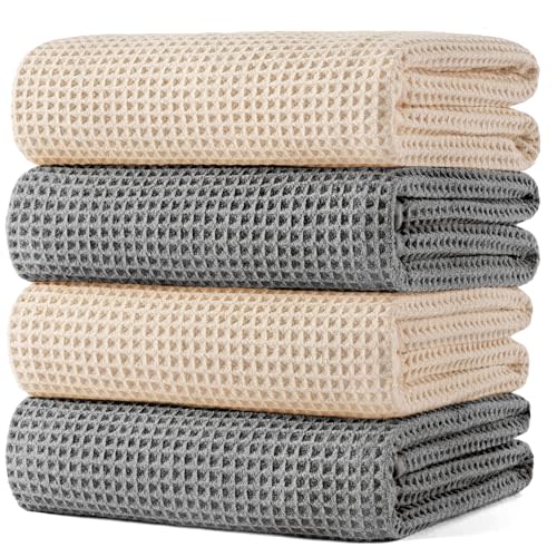 POLYTE 430 GSM Poly Blend Microfiber Quick Dry Waffle Bath Towel, 30x60 in | 4 Pack, Oversize, Lint Free, Body Towel, 85% polyester/15% polyamide