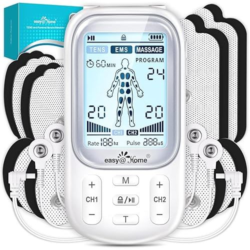 Rechargeable TENS Machine: Easy@Home Electric Muscle Stimulator Unit - EMS Pulse Massager for Pain Therapy & Muscle Relief - Dual Channel 24 Modes 16 Pads EHE020