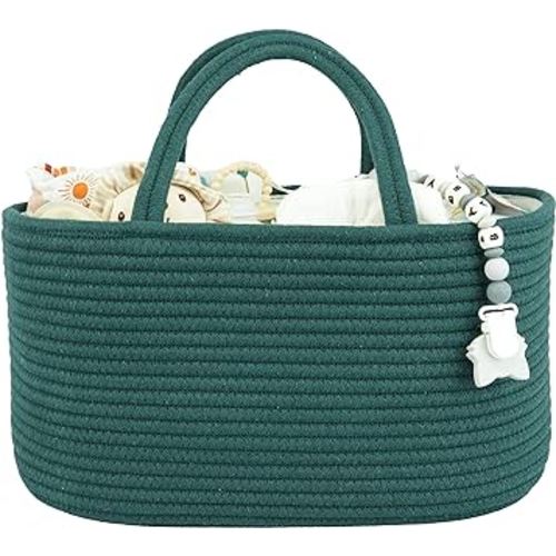 Large Baby Diaper Caddy Organizer for Girl Boy Rope Nursery Storage Bin Basket Portable Holder Tote Bag for Changing Table Car Travel Baby Shower Gifts basket dark green