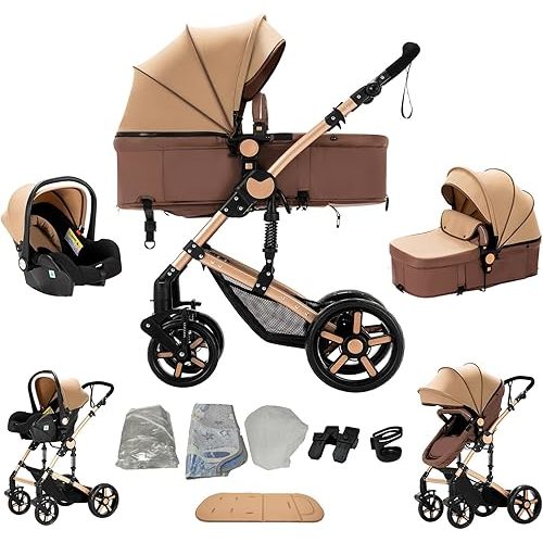 2 in 1 Baby Stroller, One Click Folding Convertible Newborn Infant parm, Reclining Buggy That can be Pushed Forward and Backward, New Born Pushchair 0-36 Month (2US588-KHAKI)